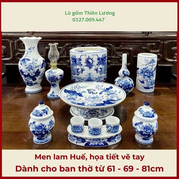 Bộ đồ thờ men lam Huế họa tiết vẽ tay 9 chi tiết cao cấp – TLBT0024