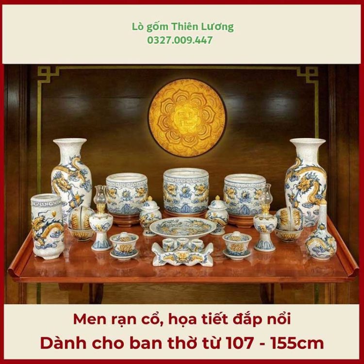 Bộ đồ thờ men rạn đắp nổi họa tiết Rồng cho ban thờ 107-155cm – TLBT0055