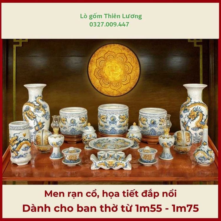 Bộ đồ thờ men rạn đắp nổi họa tiết Rồng cho ban thờ 155-175cm – TLBT0056