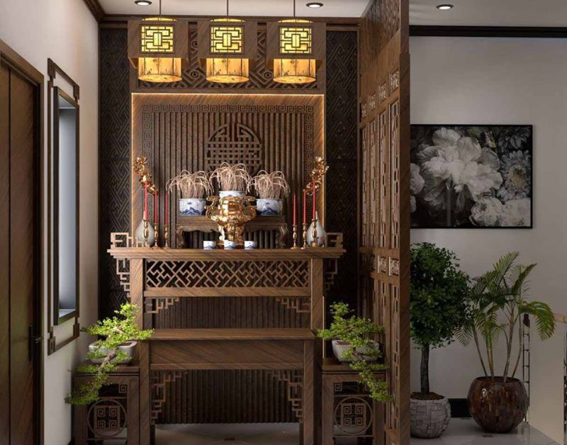Top 6 mẫu thiết kế vách ngăn bàn thờ ông địa đẹp, chuẩn phong thủy