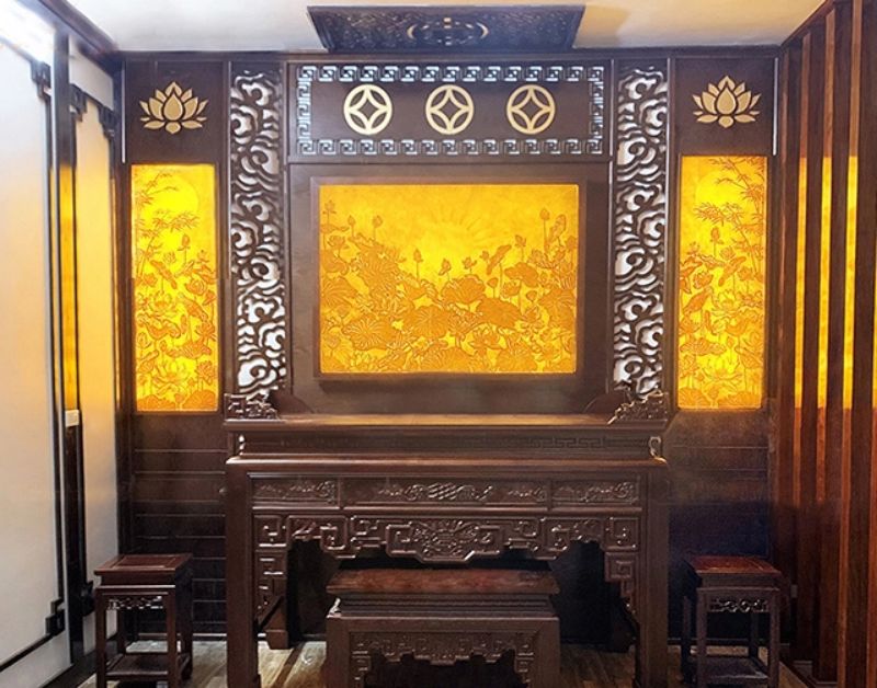 Vách ốp bàn thờ gỗ: không gian thờ cúng trang trọng và tinh tế