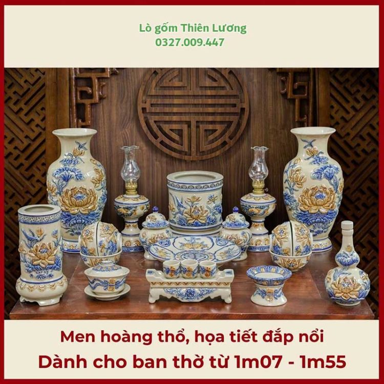 Bộ đồ thờ men hoàng thổ đắp nổi họa tiết Sen cho ban thờ 1m07-1m55 – TLBT0082