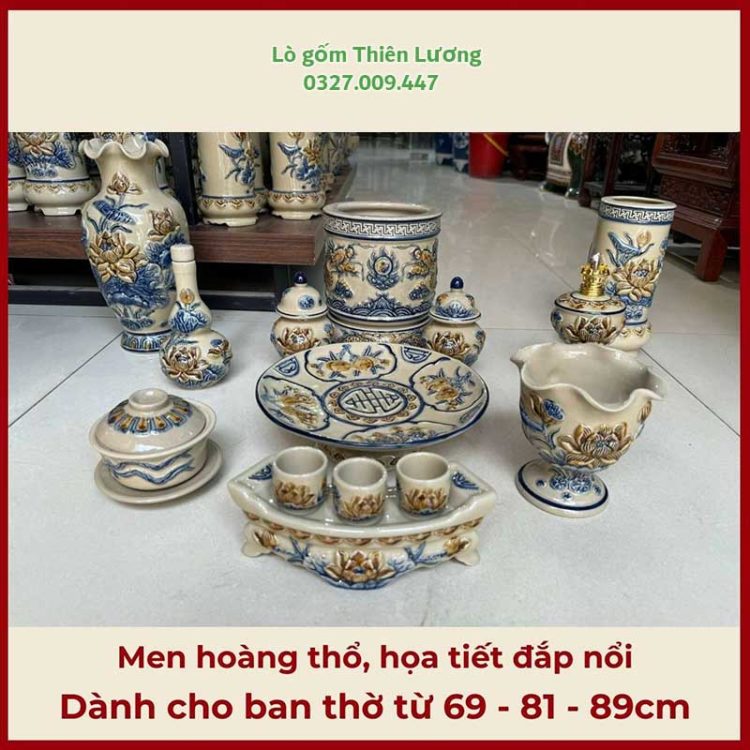 Bộ đồ thờ men hoàng thổ đắp nổi Sen Rồng cho ban thờ 69-81-89cm – TLBT0081