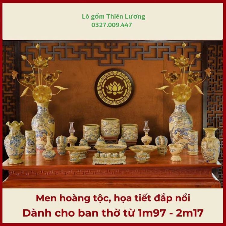 Bộ đồ thờ men hoàng tộc đắp nổi cho bàn thờ 1m97-2m17 – TLBT0097