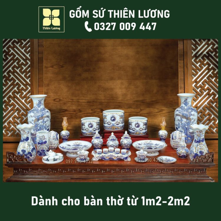 Bộ đồ thờ men lam Huế vẽ vàng 24K cho ban thờ 61-69-81cm – TLBT0018 Bộ đồ thờ men lam Huế vẽ vàng 24K cho ban thờ 61-69-81cm – TLBT0018